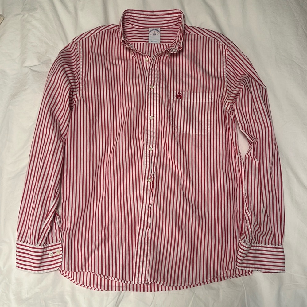 Red Striped Poplin Shirt, S - Brooks Brothers